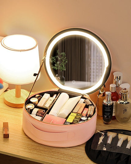 Round Smart LED Makeup Bag With Mirror Lights Women Beauty Bag Large Capacity PU Leather Travel Organizers Cosmetic Case