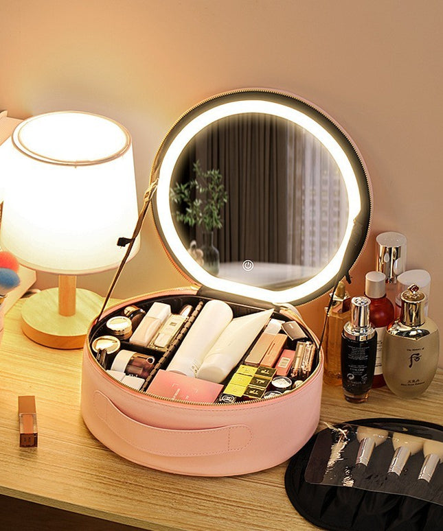 Round Smart LED Makeup Bag With Mirror Lights Women Beauty Bag Large Capacity PU Leather Travel Organizers Cosmetic Case