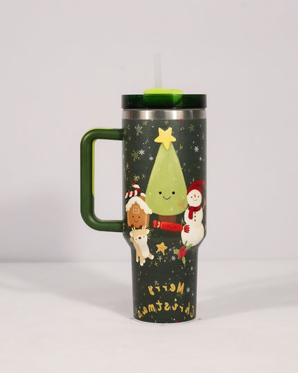 New Christmas Pattern Mug With Handle Lid Straw Drinkware Stainless Steel Vacuum Tumbler Large Capacity Car Travel Coffee Cup