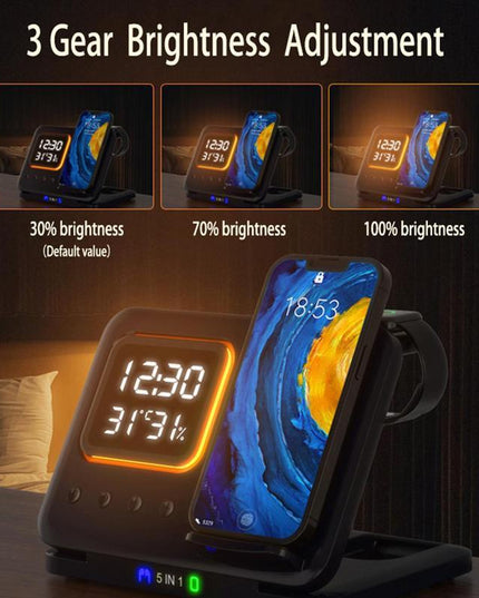 15W Wireless Chargers Stand 5 In1 LED Digital Alarm Clock Fast Charging Dock Station