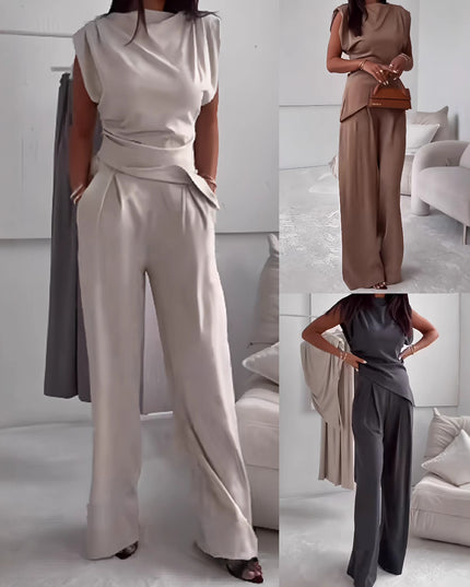 Women's Sleeveless Suit Fashion Slim Irregular Split Top And Straight Pants Solid Trouser Set