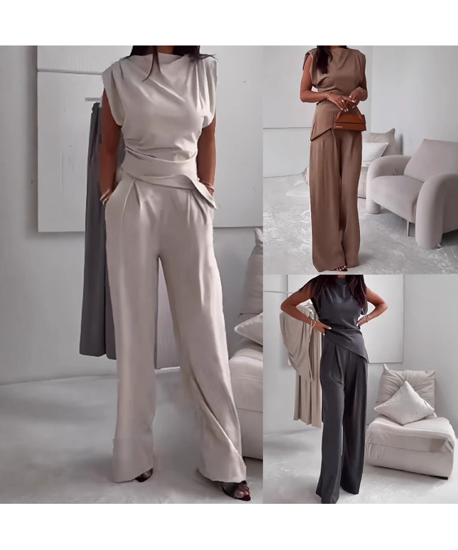 Women's Sleeveless Suit Fashion Slim Irregular Split Top And Straight Pants Solid Trouser Set
