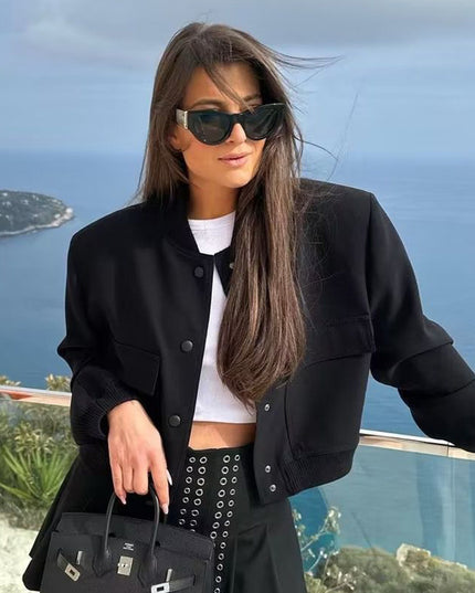 Casual Single-breasted Stand Collar Short Jacket With Pockets Fashion Long Sleeve Outwear Tops Coat For Womens Clothing