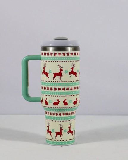New Christmas Pattern Mug With Handle Lid Straw Drinkware Stainless Steel Vacuum Tumbler Large Capacity Car Travel Coffee Cup
