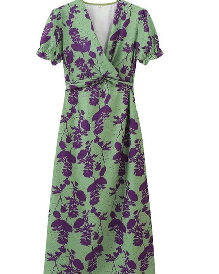 Top Selling V-neck Short Sleeved Dress - Floral Print Pleated Detail Women's Casual Summer Dress