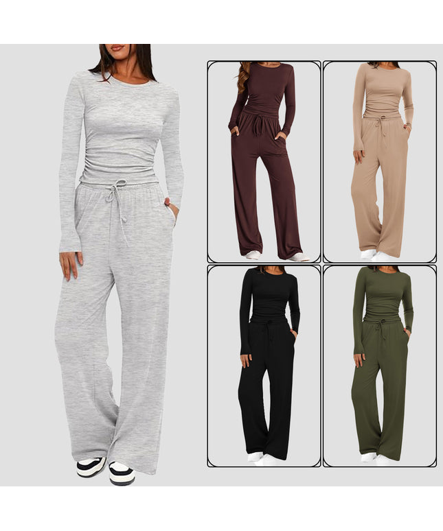 2 Pieces Women's Suit Autumn Winte Long Sleeve Tops High Waisted Wide Leg Pants Sportswear Female Clothes Solid Color Casual Suit
