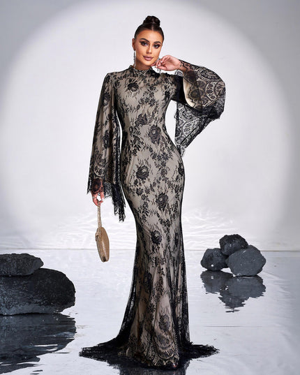 Long Sleeve Round Neck Sexy Lace Banquet Dress