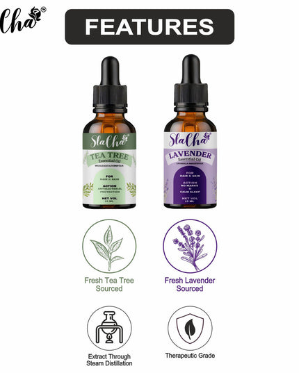 Slacha Lavender & Tea Tree Essential Oil | 100% Pure & Natural | Steam Distilled | For Hair, Skin & Relaxation | 15ML (Pack of 2)  (BUY 1 PACK GET 1 FREE)