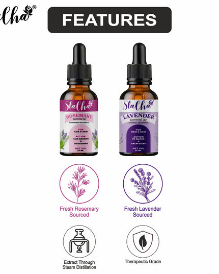 Slacha Lavender & Rosemary Essential Oil | 100% Pure & Natural | Steam Distilled | For Hair, Skin & Relaxation | 15ML (Pack of 2)  (BUY 1 PACK GET 1 FREE)