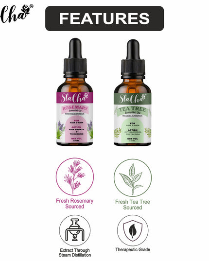 Slacha Tea Tree & Rosemary Essential Oil | 100% Pure & Natural | Steam Distilled | For Hair Growth, Skin Care & Relaxation | 15ML (Pack of 2)  (BUY 1 PACK GET 1 FREE)