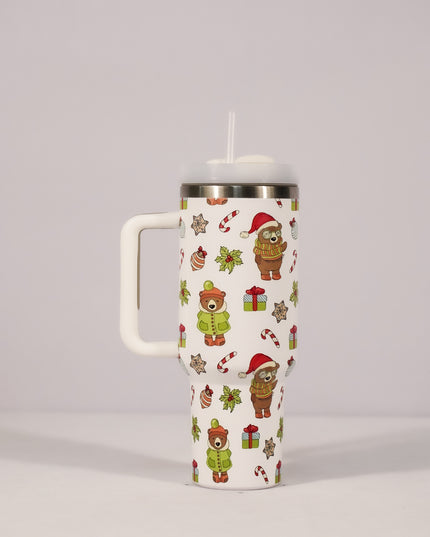 New Christmas Pattern Mug With Handle Lid Straw Drinkware Stainless Steel Vacuum Tumbler Large Capacity Car Travel Coffee Cup