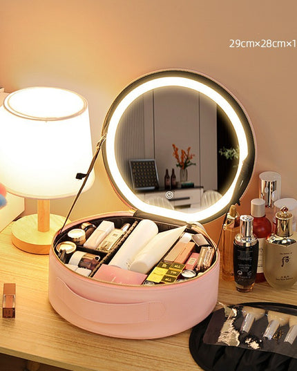 Round Smart LED Makeup Bag With Mirror Lights Women Beauty Bag Large Capacity PU Leather Travel Organizers Cosmetic Case