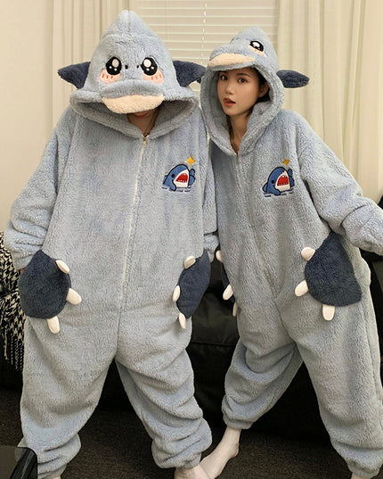 Cute Cartoon Jumpsuit Homewear Couple One-piece Nightgown Coral Fleece Winter Thickened Plush Pajamas For Women Home Clothes