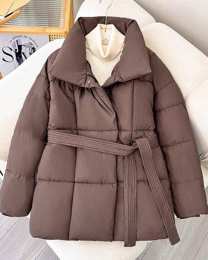 Winter Plaid Sewing Lapel Coat With Lace-up Design Fashion Loose Solid Thick Jacket Outerwear Women's Clothing