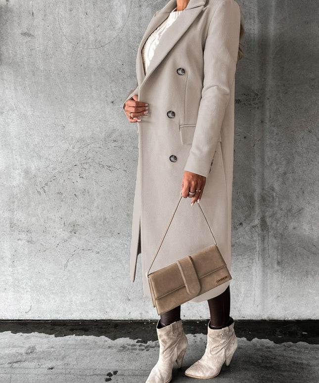 Double Breasted Lapel Coat Winter Fashion Solid Slim Long Jacket Long Sleeve Tops Womens Clothing