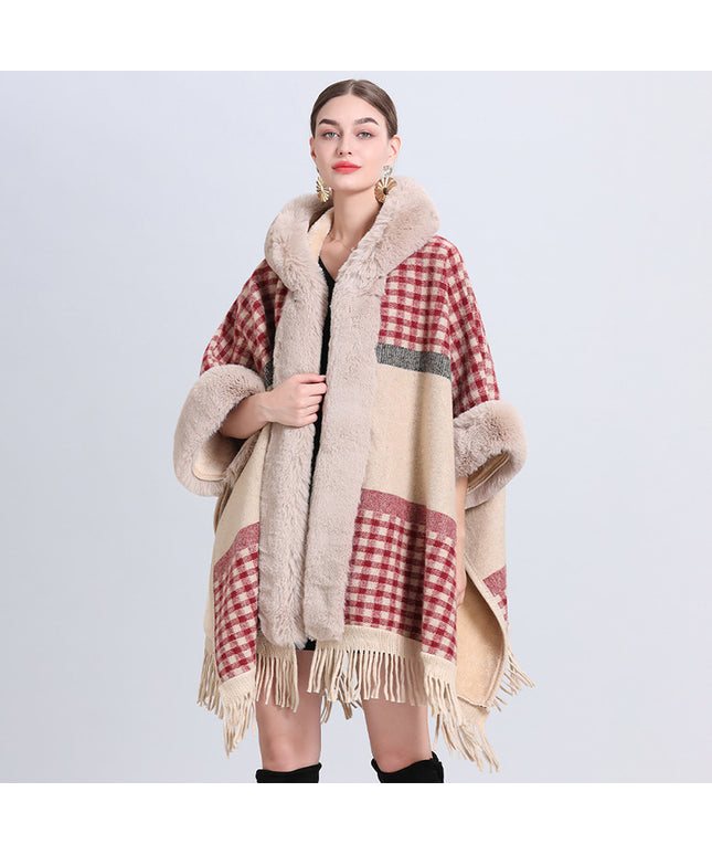 Loose Plaid Plus Cashmere Fur Collar Knitted Inverness