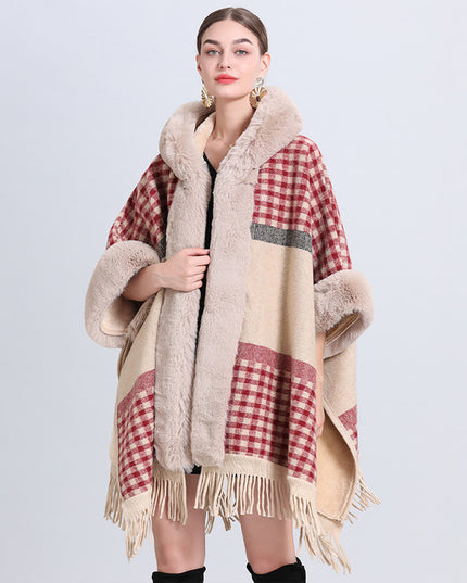 Loose Plaid Plus Cashmere Fur Collar Knitted Inverness