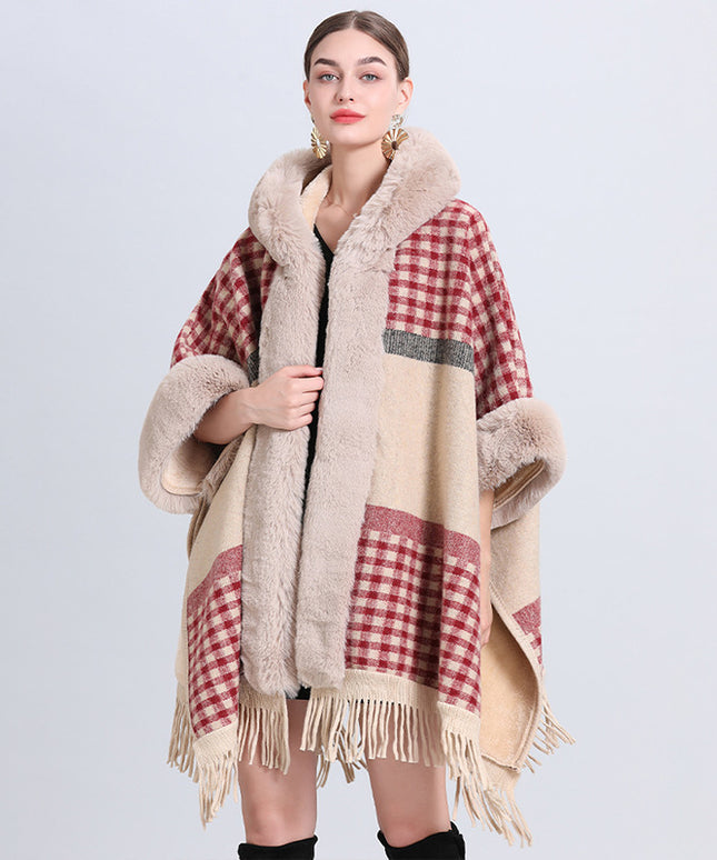 Loose Plaid Plus Cashmere Fur Collar Knitted Inverness