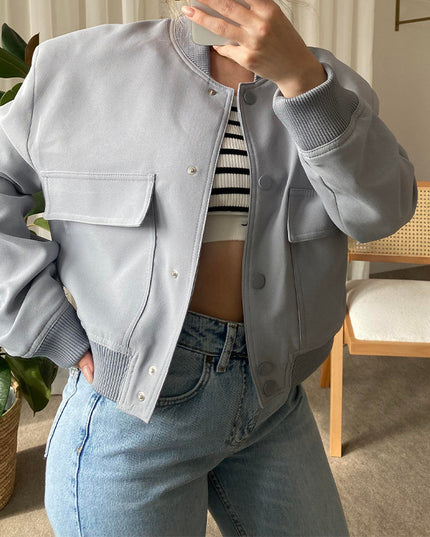 Fashion Button Stand-collar Jacket With Big Pockets Casual Loose Short Outwear Tops Coat For Women Clothing