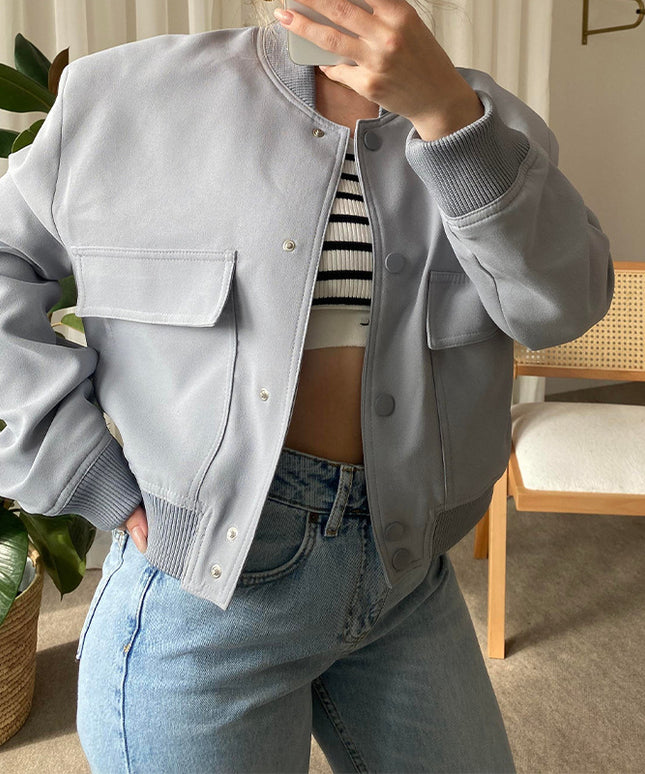 Fashion Button Stand-collar Jacket With Big Pockets Casual Loose Short Outwear Tops Coat For Women Clothing