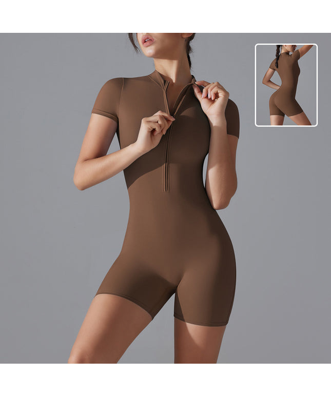 Summer Zipper Short-sleeved Shorts Jumpsuit Yoga Fitness Dance Slim Sports Bodysuit Women Sports Clothing