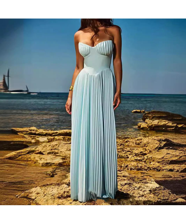 Blue Strapless Slimming Pleated Tight Dress