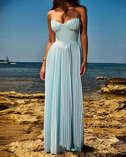 Blue Strapless Slimming Pleated Tight Dress