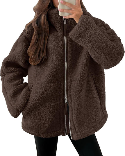 Winter Lapel Zip-up Coat With Pockets Casual Fashion Solid Fleece Jacket Fall Spring Long Sleeve Women's Clothing