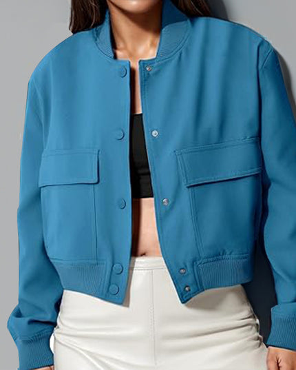 Fashion Button Stand-collar Jacket With Big Pockets Casual Loose Short Outwear Tops Coat For Women Clothing