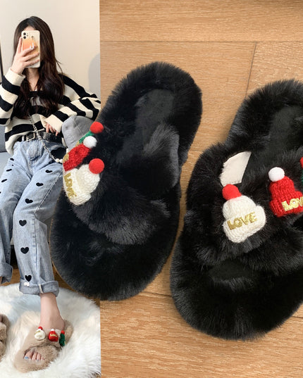 Christmas Hat Fluffy Slippers Women's Warm Toe Covering Cotton Slippers