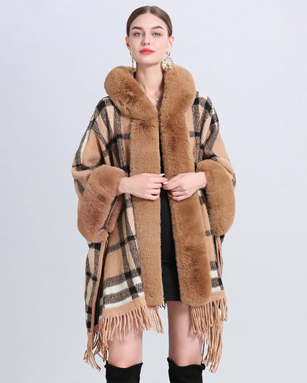 Loose Plaid Plus Cashmere Fur Collar Knitted Inverness