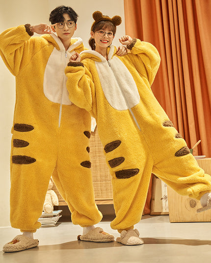 Cute Cartoon Jumpsuit Homewear Couple One-piece Nightgown Coral Fleece Winter Thickened Plush Pajamas For Women Home Clothes