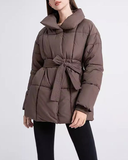 Winter Plaid Sewing Lapel Coat With Lace-up Design Fashion Loose Solid Thick Jacket Outerwear Women's Clothing