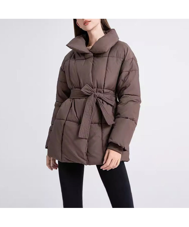 Winter Plaid Sewing Lapel Coat With Lace-up Design Fashion Loose Solid Thick Jacket Outerwear Women's Clothing