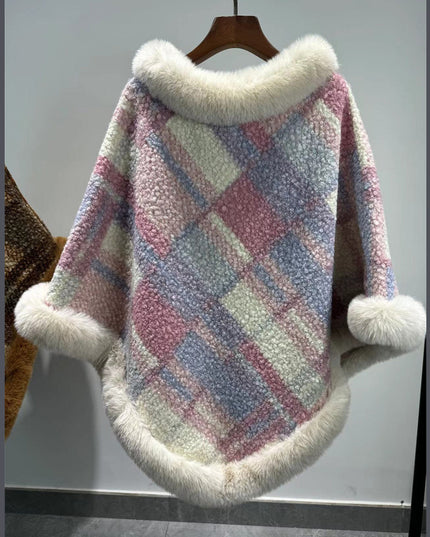 Big Fur Collar Cloak Mid-length Batwing Sleeve Pullover Classic Plaid Shawl