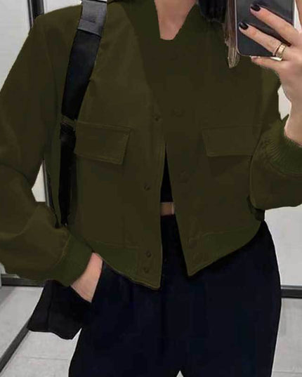 Fashion Button Stand-collar Jacket With Big Pockets Casual Loose Short Outwear Tops Coat For Women Clothing