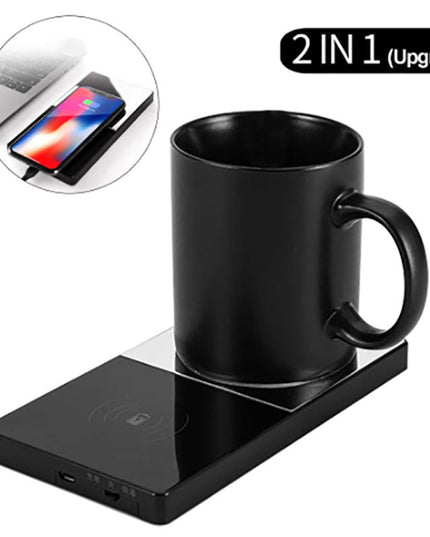 2 In 1 Heating Mug Cup Warmer Electric Wireless Charger For Home Office Coffee Milk