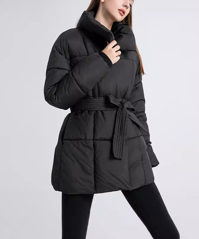 Winter Plaid Sewing Lapel Coat With Lace-up Design Fashion Loose Solid Thick Jacket Outerwear Women's Clothing