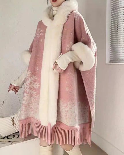 Loose Plaid Plus Cashmere Fur Collar Knitted Inverness