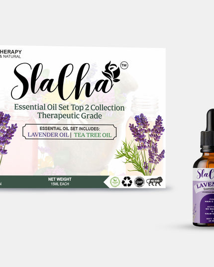 Slacha Lavender & Tea Tree Essential Oil | 100% Pure & Natural | Steam Distilled | For Hair, Skin & Relaxation | 15ML (Pack of 2)  (BUY 1 PACK GET 1 FREE)