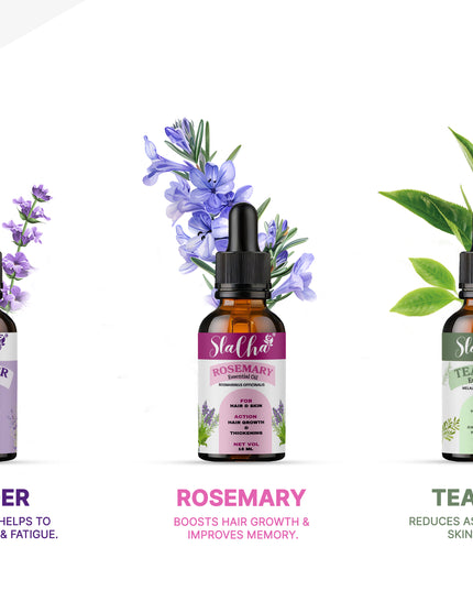 Slacha Lavender, Tea Tree & Rosemary Essential Oil | 100% Pure & Natural | Steam Distilled | For Hair, Skin & Relaxation | 15ML (Pack of 3)  (BUY 1 PACK GET 1 FREE)
