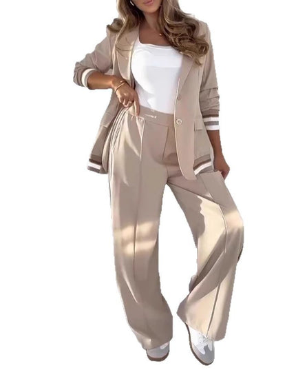 2 Pcs Set Women Suit Coat Pants Suit Lapel Long Sleeves Lady Jacket Wide Leg High Waist Trousers Female Commuting Office Outfit