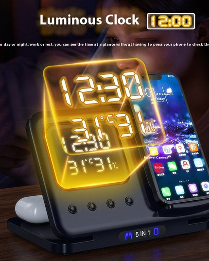 15W Wireless Chargers Stand 5 In1 LED Digital Alarm Clock Fast Charging Dock Station