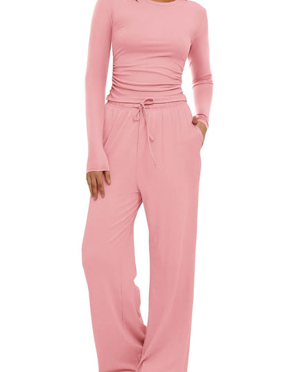 2 Pieces Women's Suit Autumn Winte Long Sleeve Tops High Waisted Wide Leg Pants Sportswear Female Clothes Solid Color Casual Suit