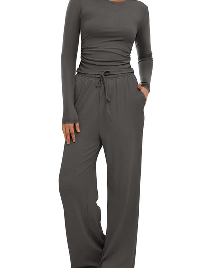 2 Pieces Women's Suit Autumn Winte Long Sleeve Tops High Waisted Wide Leg Pants Sportswear Female Clothes Solid Color Casual Suit