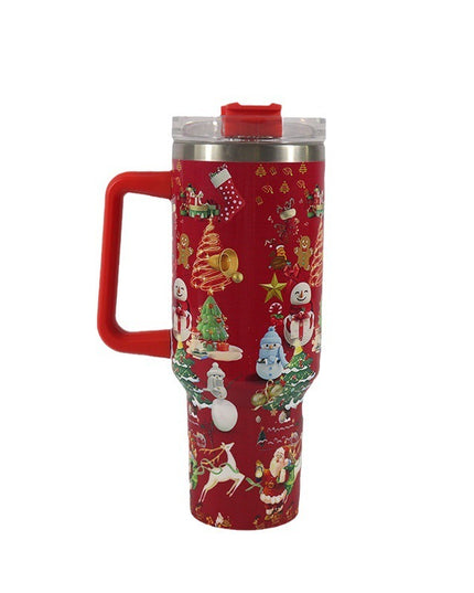 New Christmas Pattern Mug With Handle Lid Straw Drinkware Stainless Steel Vacuum Tumbler Large Capacity Car Travel Coffee Cup