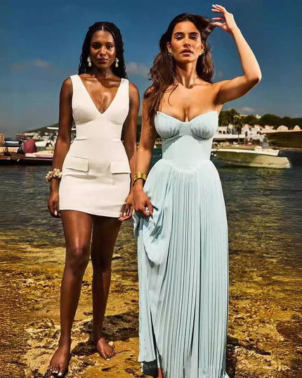 Blue Strapless Slimming Pleated Tight Dress