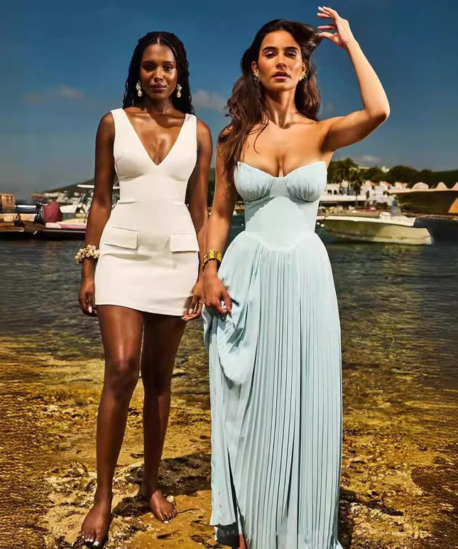 Blue Strapless Slimming Pleated Tight Dress