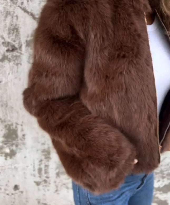 Fashion Stand Collar Plush Jacket Winter Casual Turtleneck Zipper Coat Fleece Tops Women's Clothing