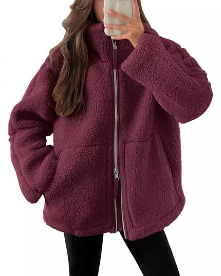 Winter Lapel Zip-up Coat With Pockets Casual Fashion Solid Fleece Jacket Fall Spring Long Sleeve Women's Clothing